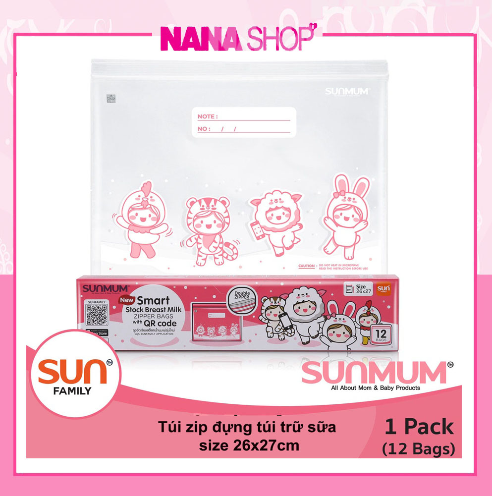 Túi zip bảo quản túi trữ sữa/ rau củ quả Sunmum Thái Lan mẫu mới 2023 (hộp 12 túi/ kích thước 26cmx27cm)