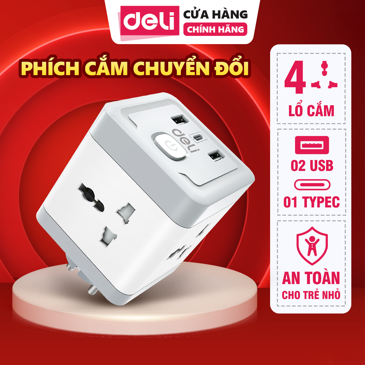 Ổ Chuyển Đổi Deli, Phích Cắm Điện Tích Hợp Cổng USB & TypeC 4 Lỗ Cắm Tiện Lợi, Cổng Chống Giật An Toàn Cho Trẻ