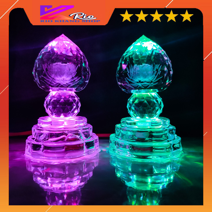 Bộ 2 đèn hoa sen đá pha lê Đèn thờ led pha lê bông sen búp đào nguyên khối đế đồng đổi màu cao cấp