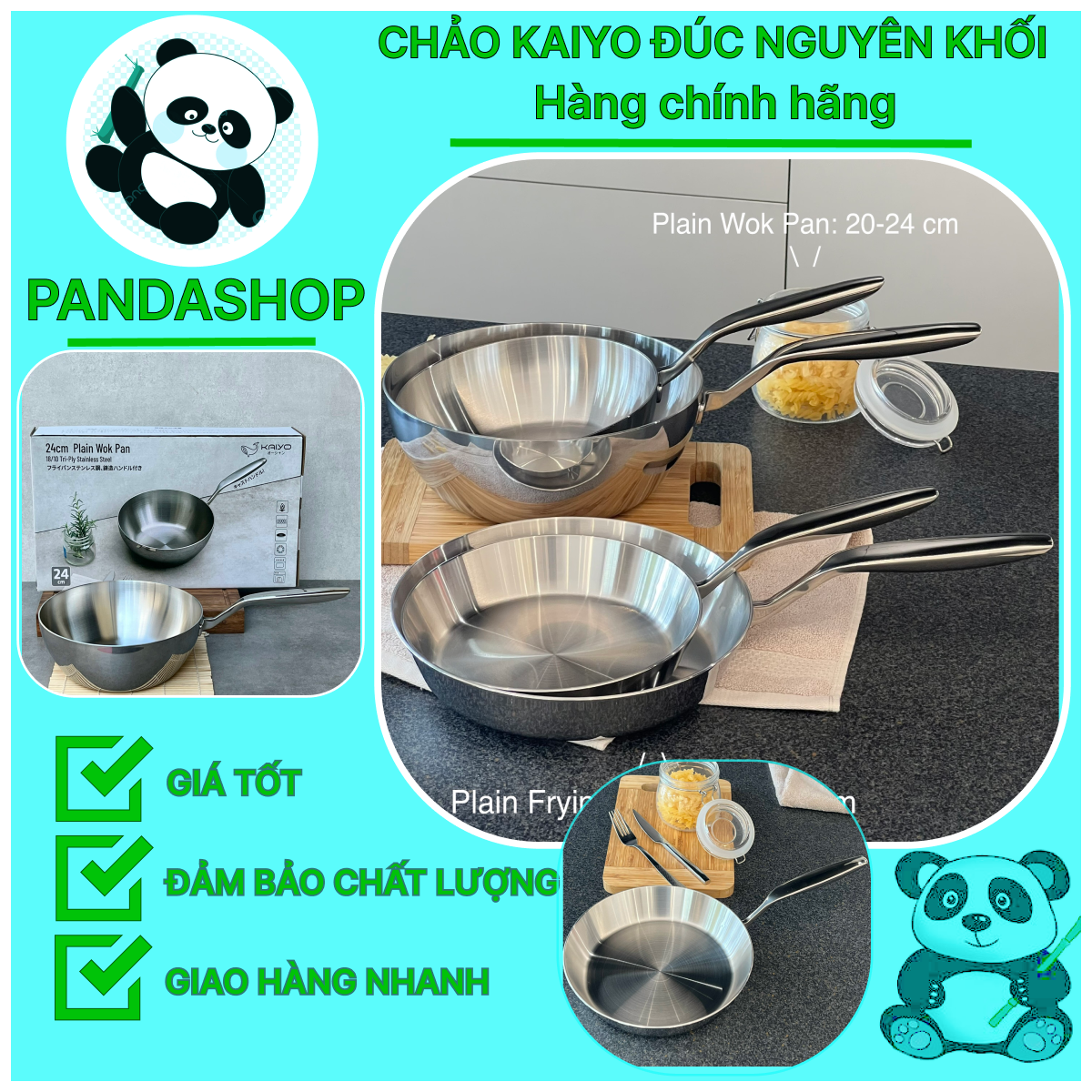 Chảo inox đúc nguyên khối inox 430 của kaiyo nhật size 20, 24, 26