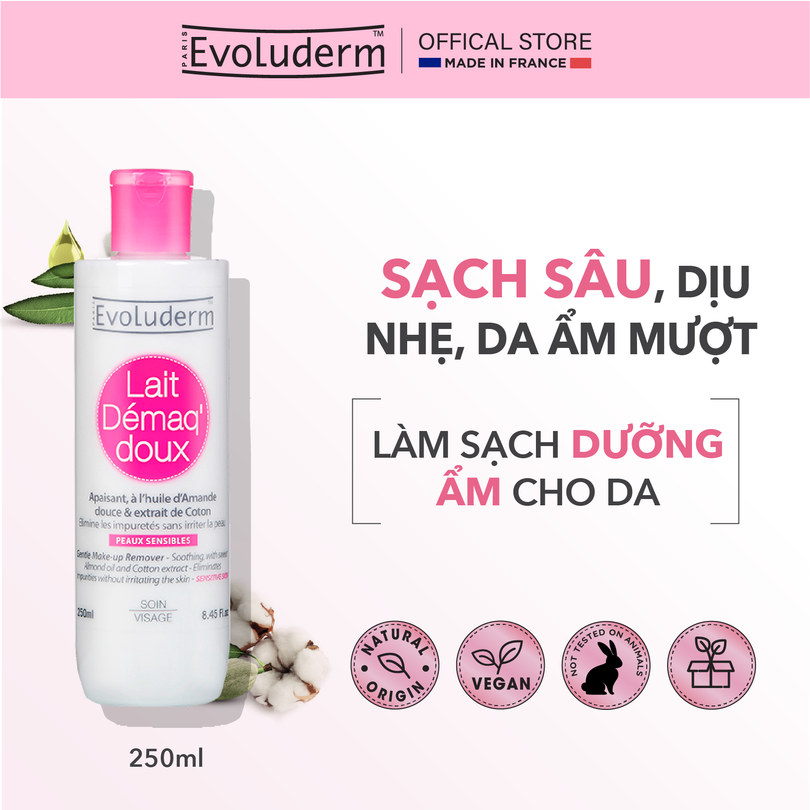 Sữa rửa mặt Evoluderm dưỡng ẩm dịu nhẹ dành cho da nhạy cảm 250ml