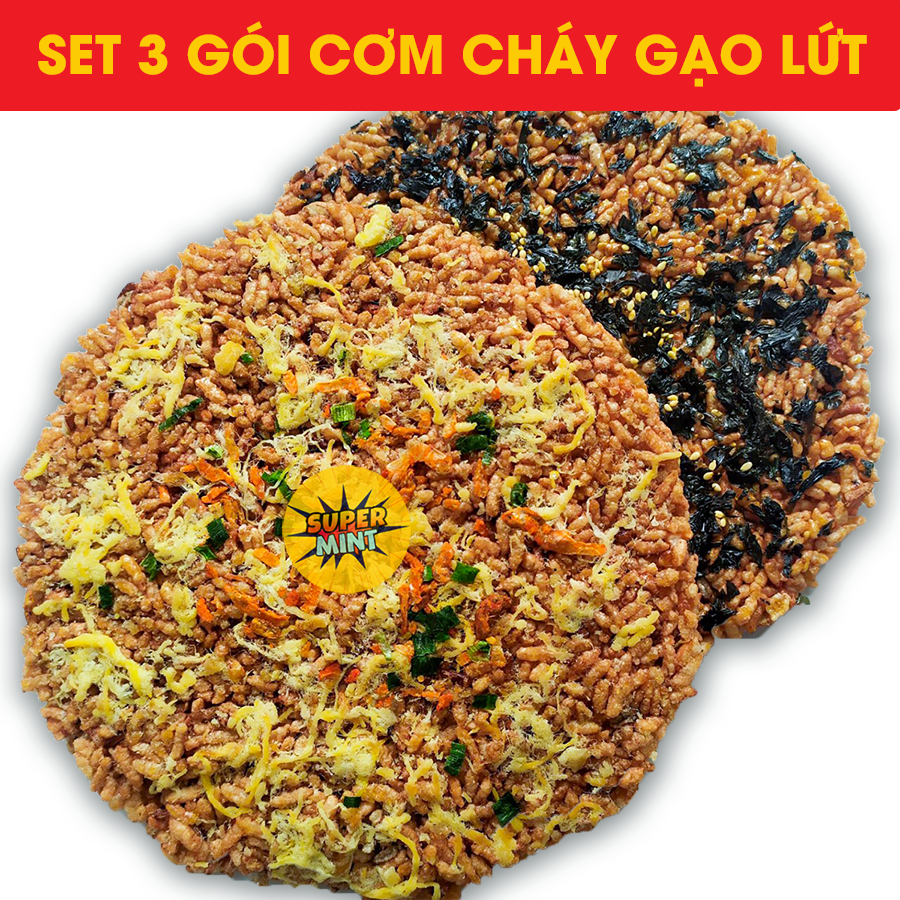 Set 3 gói cơm cháy gạo lứt rong biển - chà bông - Trứng Muối - đồ ăn vặt - ăn kiêng - tốt cho sức khỏe - Sản phẩm Tết