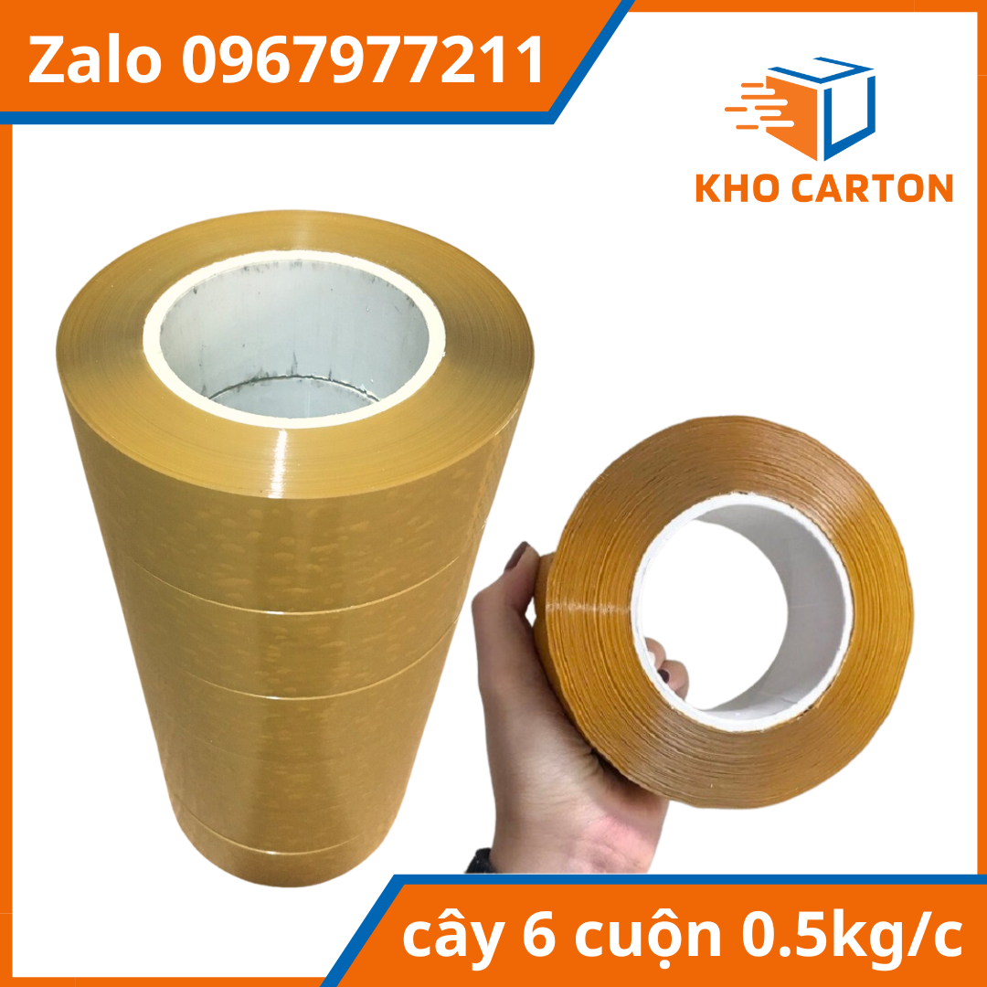 Cây 6 cuộn băng dính 0.5kg / cuộn lõi 3mm, băng dính đóng hàng 500g/cuộn