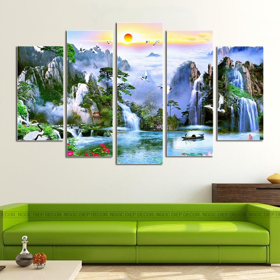 Tranh dán tường phòng khách Sơn Thủy Hữu Tình 3D -  Tranh décor phòng khách, phòng ngủ phong cách hiện đại