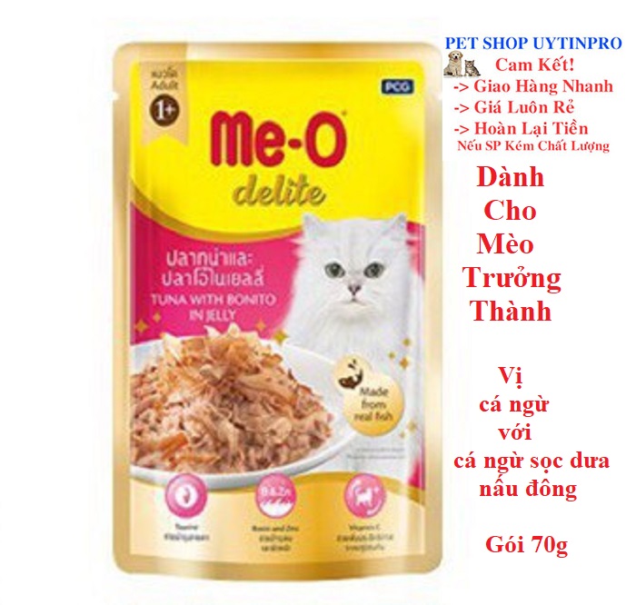 [Hoàn tiền 10%]  THỨC ĂN CHO MÈO Me-O delite Dạng Pate Vị cá ngừ với cá ngừ sọc dưa nấu đông Gói 70g Xuất xứ Thái Lan - Pet shop Uytinpro