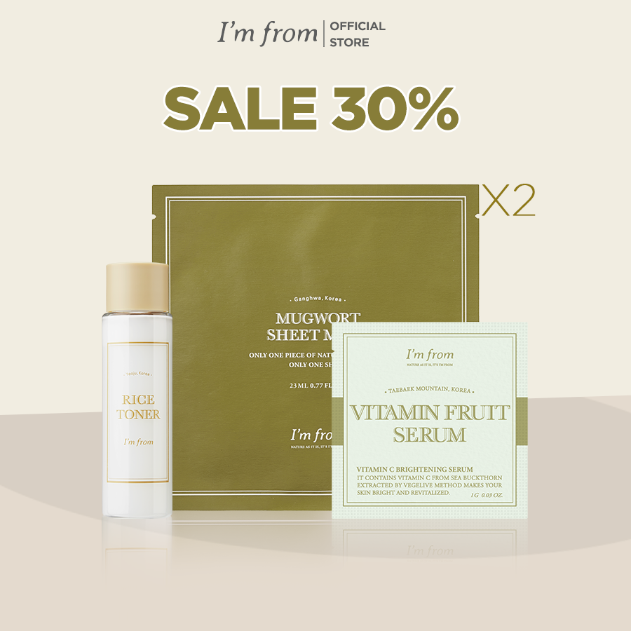 Combo I'm From nước hoa hồng Rice Toner 30ml+1 QT I'm From tinh chất Vitamin Fruit Serum 1g+2 mặt nạ giấy 23ml