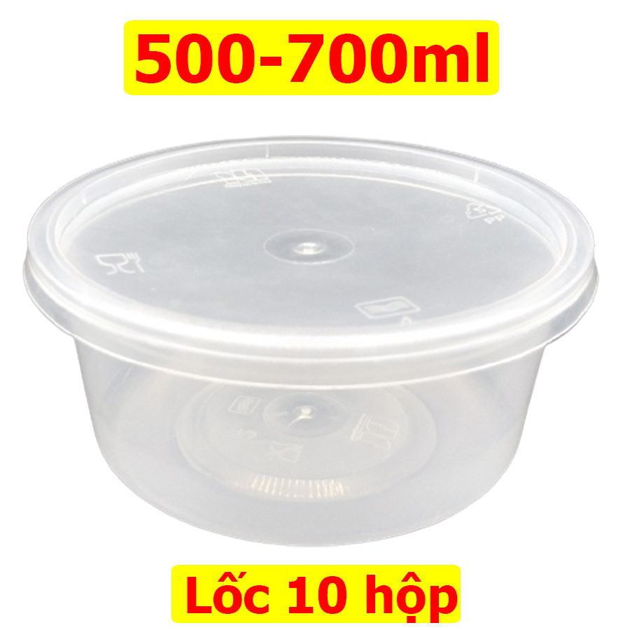 Lốc 10 hộp nhựa đựng thực phẩm tròn 500ml-700ml có nắp đậy,  dùng được nhiều lần, nhựa trong suốt.