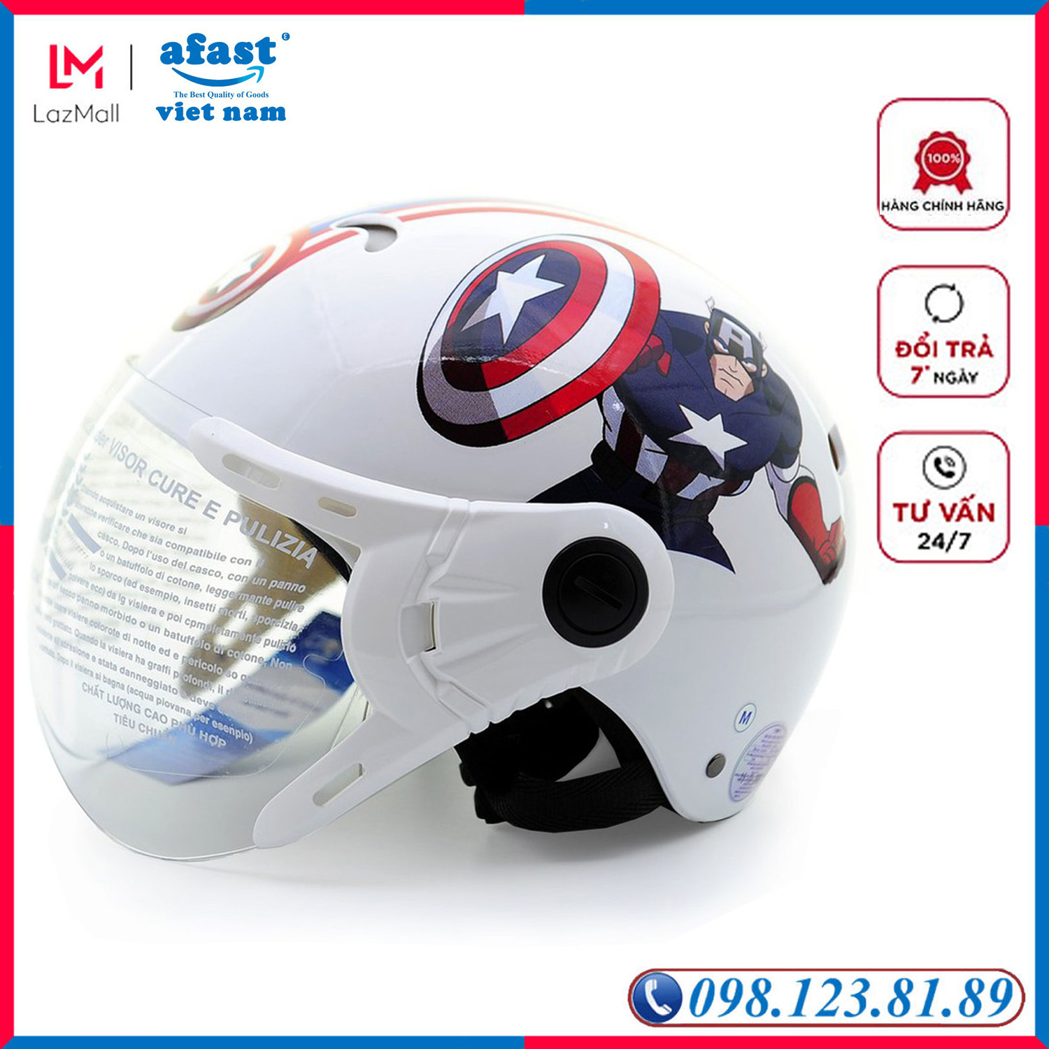 Mũ bảo hiểm trẻ em 1/2 đầu có kính họa tiết siêu anh hùng Marvel CapTain American, an toàn, thời trang, nhẹ nhàng, chắc chắn Protec Kitty - AFAST VIỆT NAM