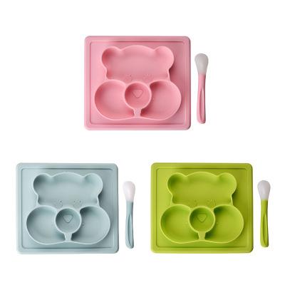 Bộ chén ăn dặm silicon chống lật hình gấu kèm thìa cho bé tập ăn dặm