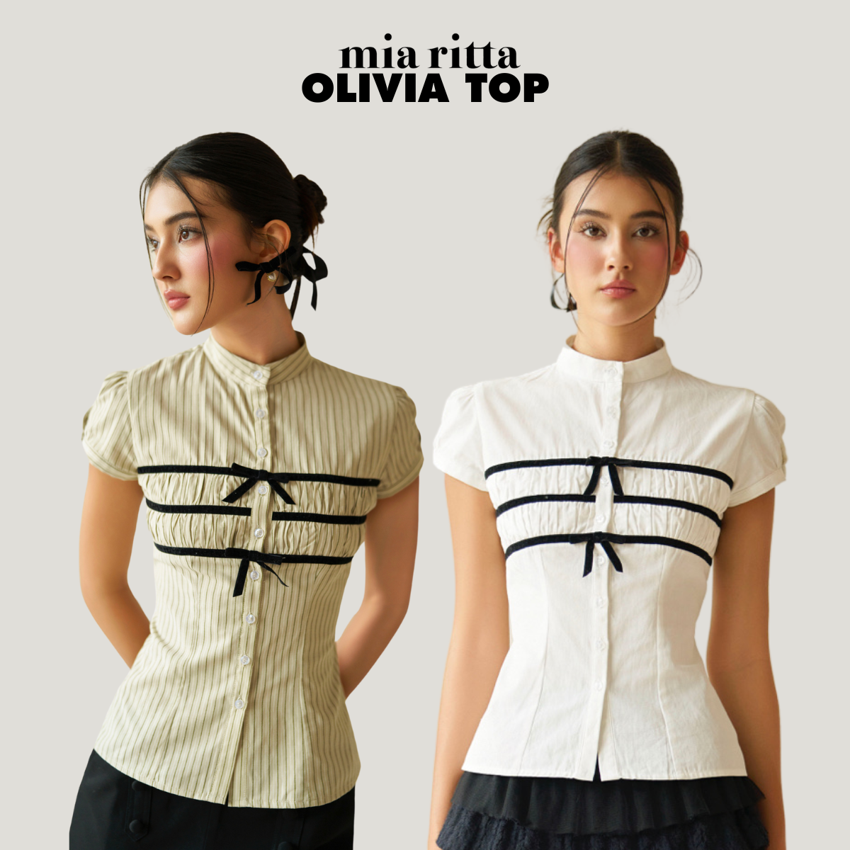 Áo sơ mi Olivia Top Mia Ritta A2195 - Sơ mi cộc tay đính nơ đan dây lưng - Áo sơmi nhún ngực phối nơ