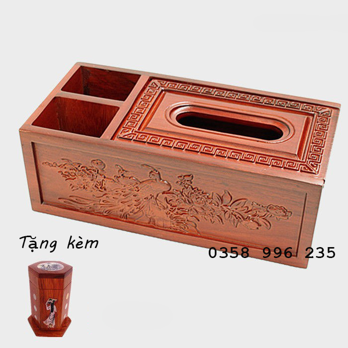 Hộp đựng giấy ăn 3 ngăn 2 in 1 gỗ Hương đỏ loại chạm khắc cao cấp ( Ảnh thật)