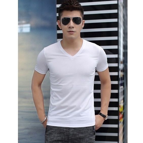 Áo thun cổ tim nam vải cotton dày đẹp màu