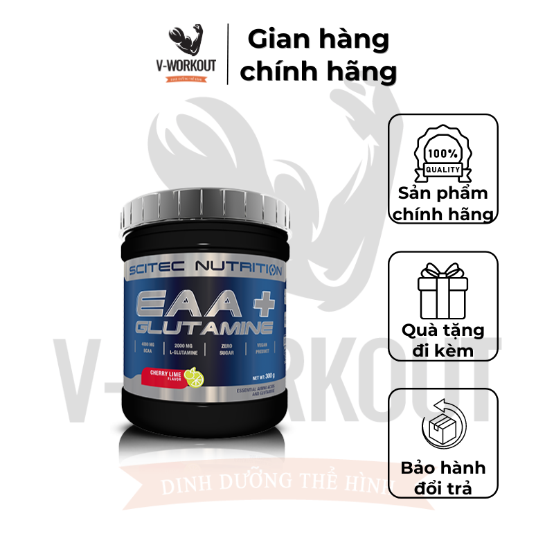 Eaa | eaa + glutamine - cherry lime flavour 300g- 33sv | phục hồi, chống dị hóa và phát triển cơ bắp | scitec nutrition