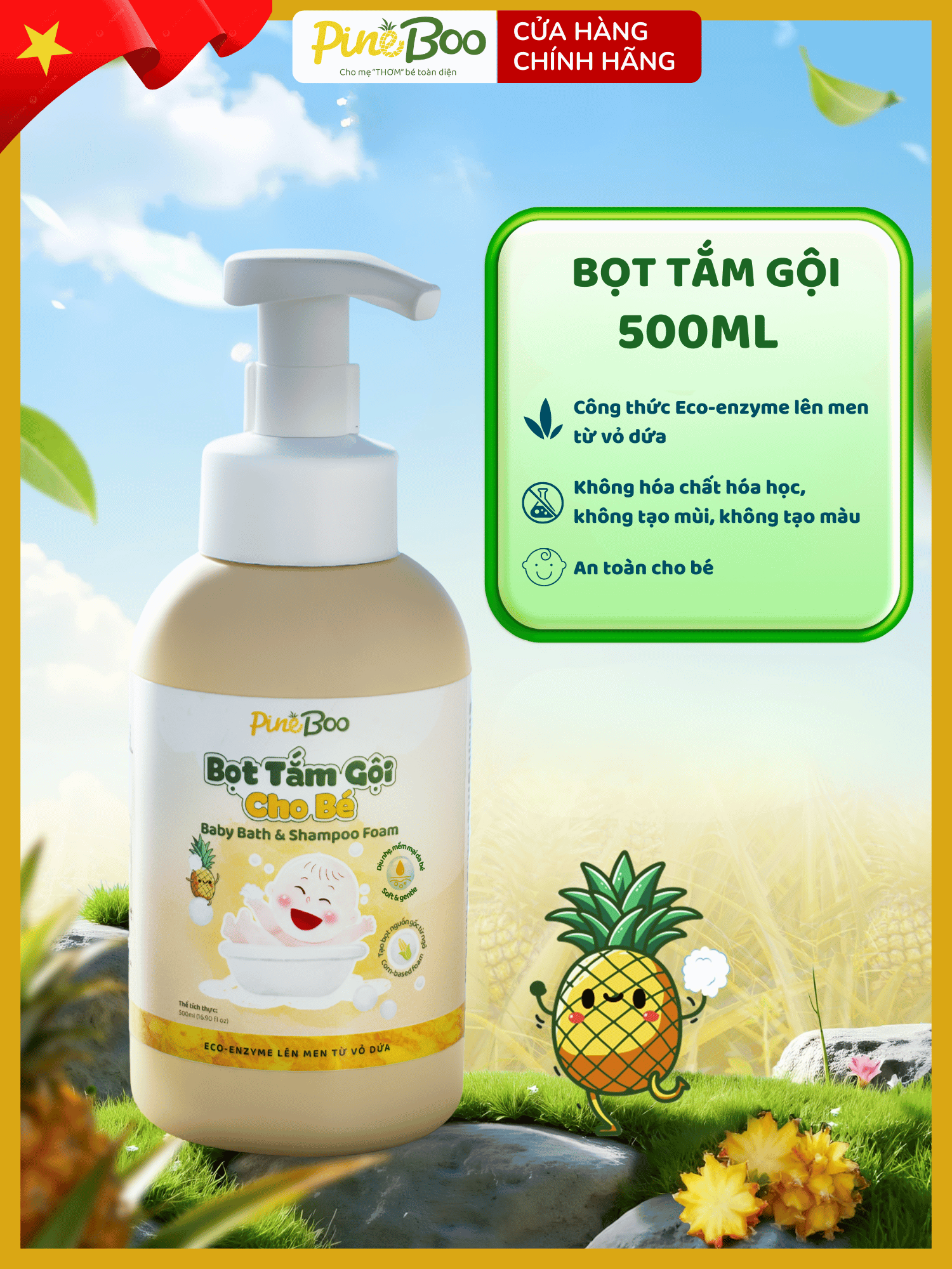 Bọt Tắm Gội Cho Bé PineBoo 500ml – Enzyme Dứa Tự Nhiên, An Toàn Cho Bé, Sạch Lành Dịu Nhẹ