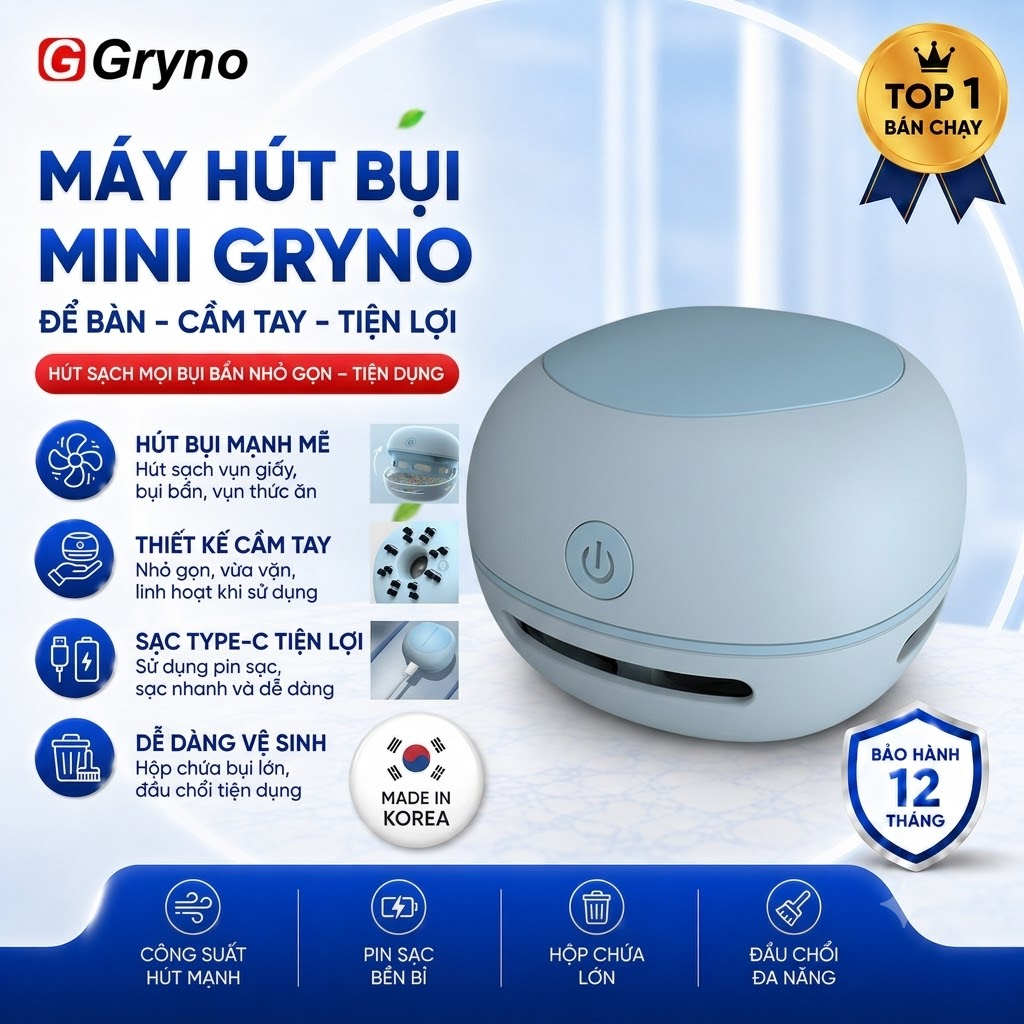 Máy Hút Bụi Mini Để Bàn Gryno Cầm Tay – Làm Sạch Bàn Phím, Bụi Nhỏ Siêu Tiện