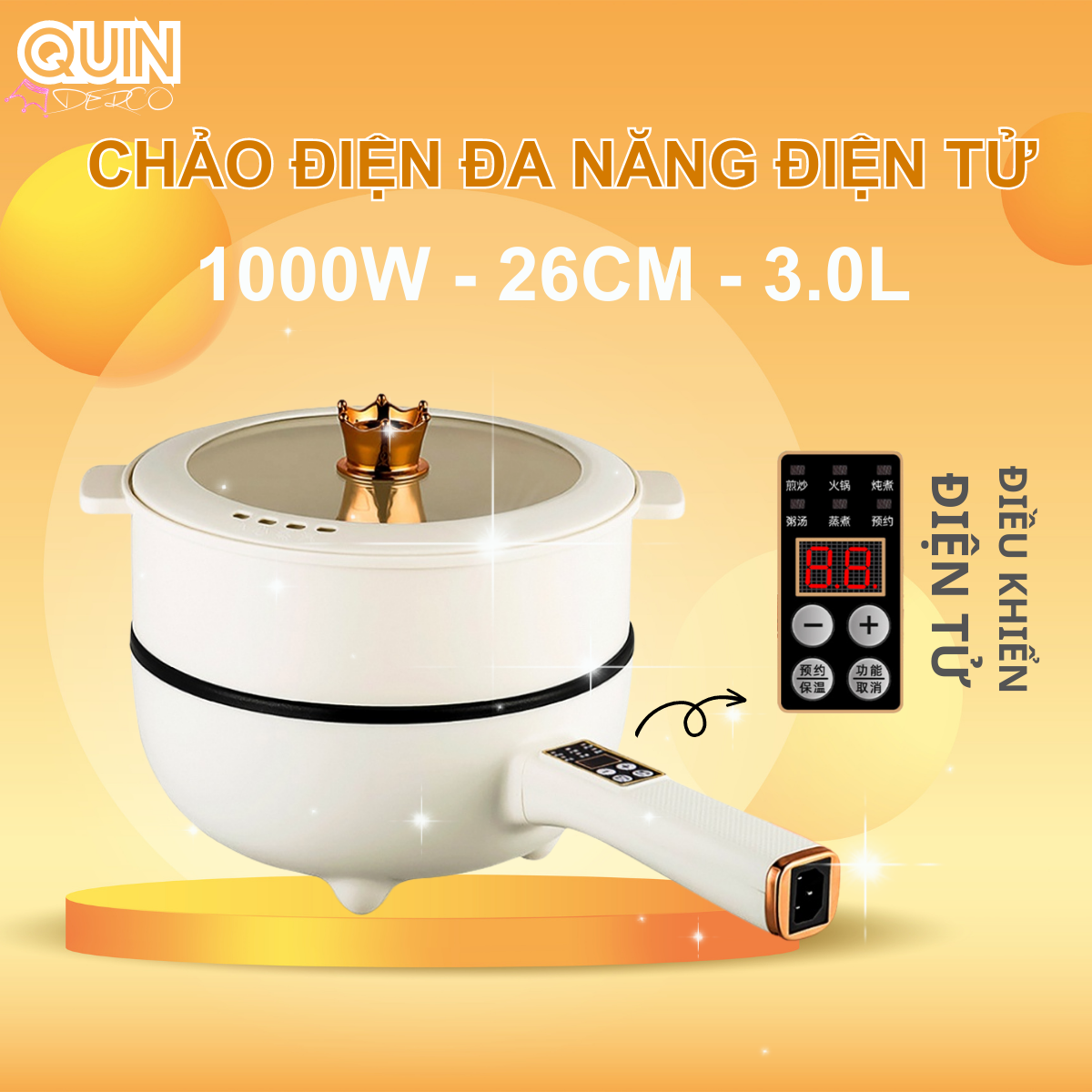 Chảo điện đa năng chống dính 3l 2 tầng nắp kính điều khiển điện tử, bếp điện đa năng size 26cm dành cho gia đình 2-6 người