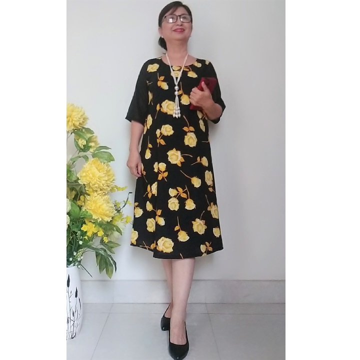 [HCM]Váy Đầm Trung Niên 2 Lớp Form A Giấu Bụng - Chất Lụa Đũi Mặc Mát Co Giãn Nhẹ - Có Túi Dây Kéo - Size Từ 45kg - 95kg