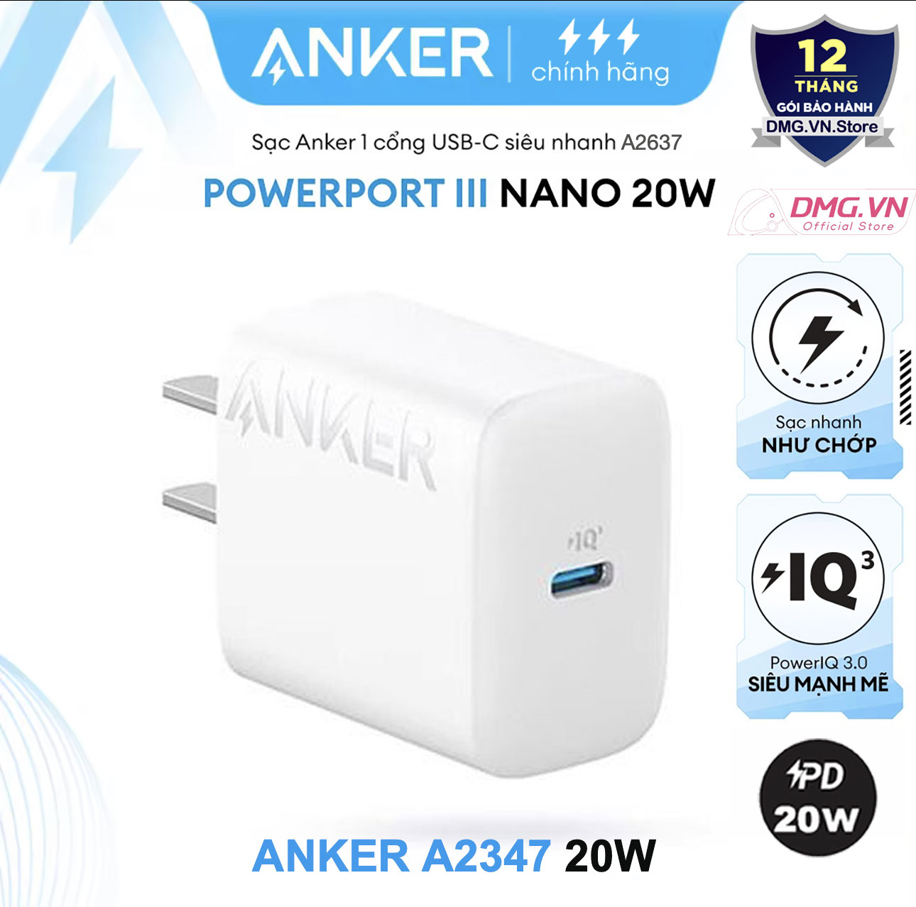Củ Sạc Nhanh Anker PD 20W A2347 A2149,Cáp sạc nhanh A81A1 0.9m USB-C to Lightning,Cho 14 Pro Max 13Pro 12 11 X 8P 8 vv