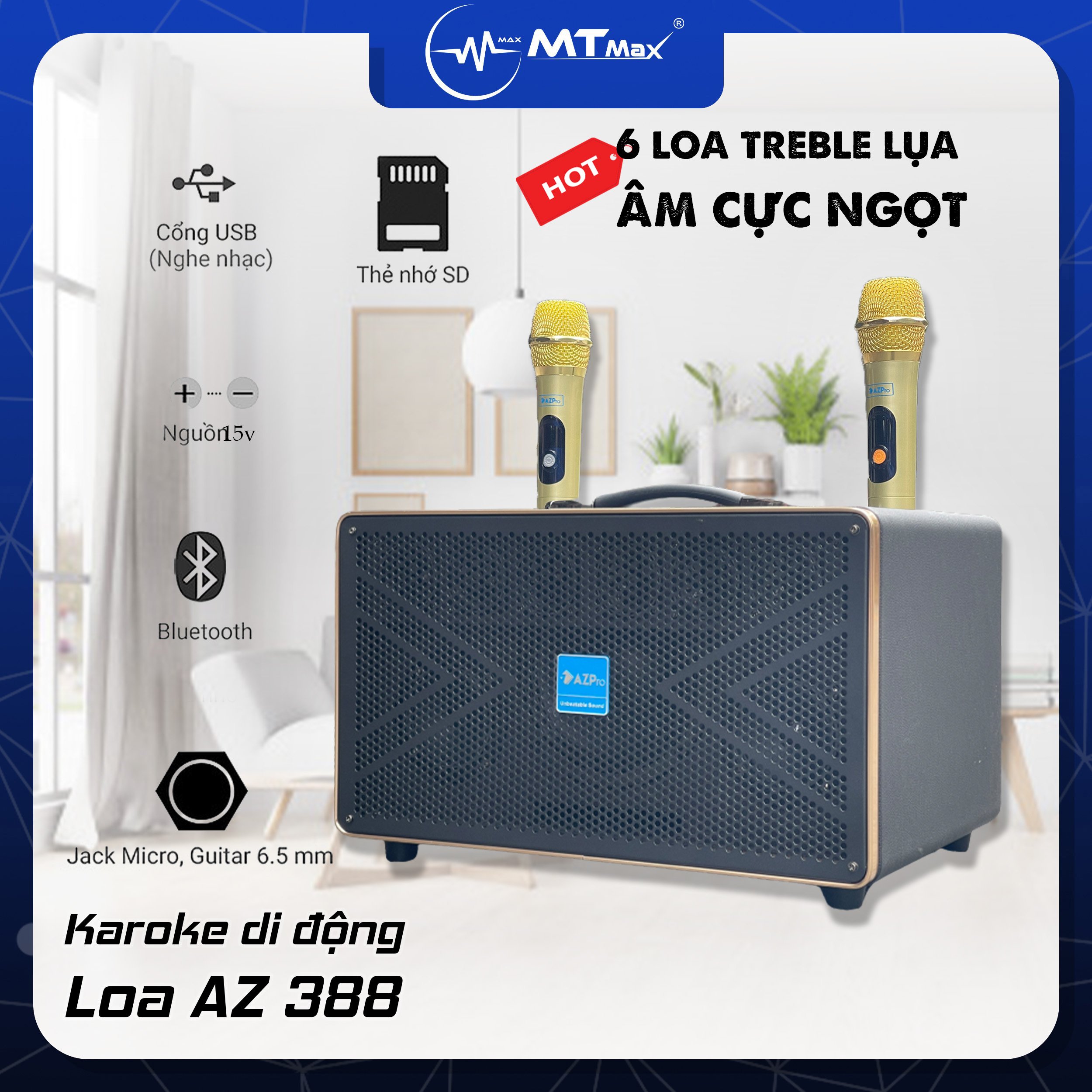 Loa kéo xách tay karaoke di động AZPro AZ-388 Bass 16, 2mid, và kèm 6 chiếc loa treble đã hướng âm t