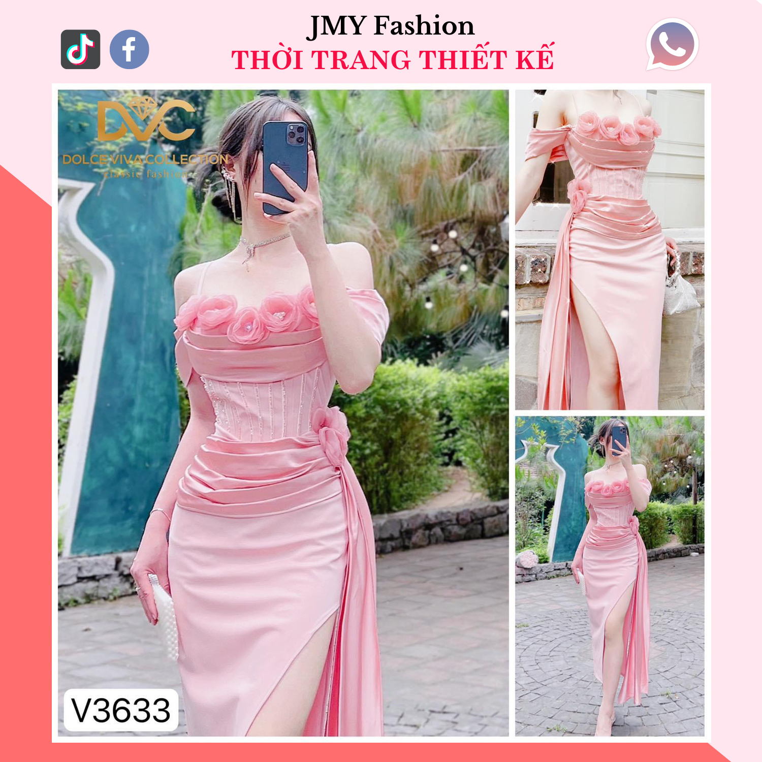 V3633 Váy đầm hồng 2 dây trễ vai dự tiệc đầm body hồng xẻ hông sang chảnh