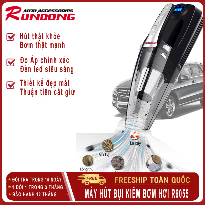 Máy hút bụi kiêm bơm lốp ô tô RUNDONG R6055 120W, cao cấp đa năng 4 in 1 (Hút bụi, bơm lốp, đo áp suất lốp, led chiếu sáng)