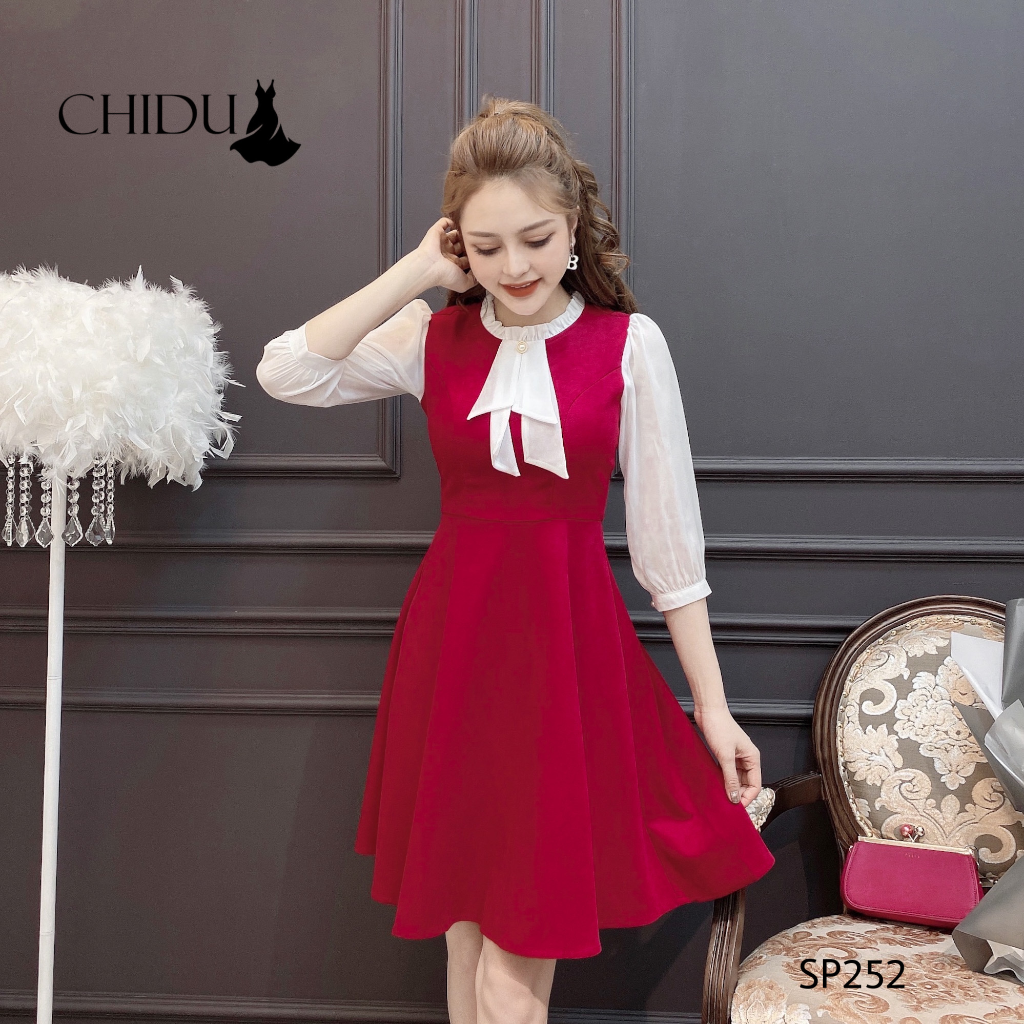 CHIDU Váy xoè công sở nữ, váy xoè cổ nơ cách điệu - SP252