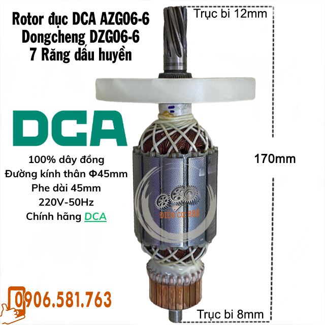 (Hàng DCA) Rotor đục DCA AZG06-6 7 răng huyền Thân 45mm Dài 170mm dây đồng 220V - Tặng chổi than
