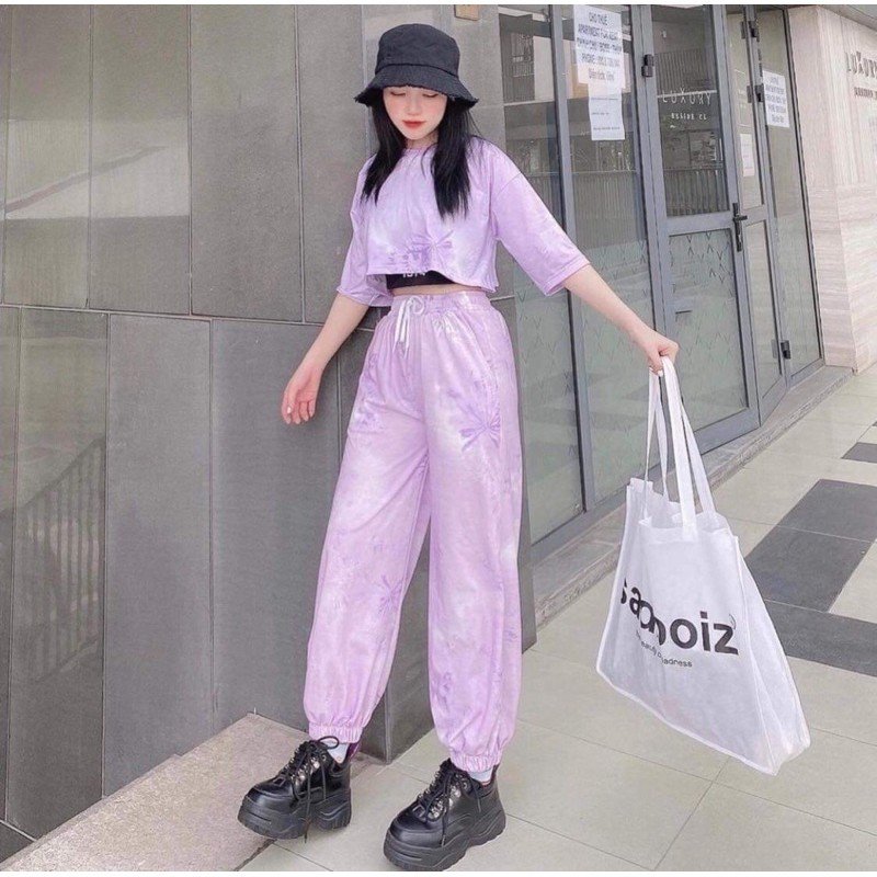 Set bộ loang màu cute quần bo gấu kèm 2 áo croptop (Tím và Xanh)