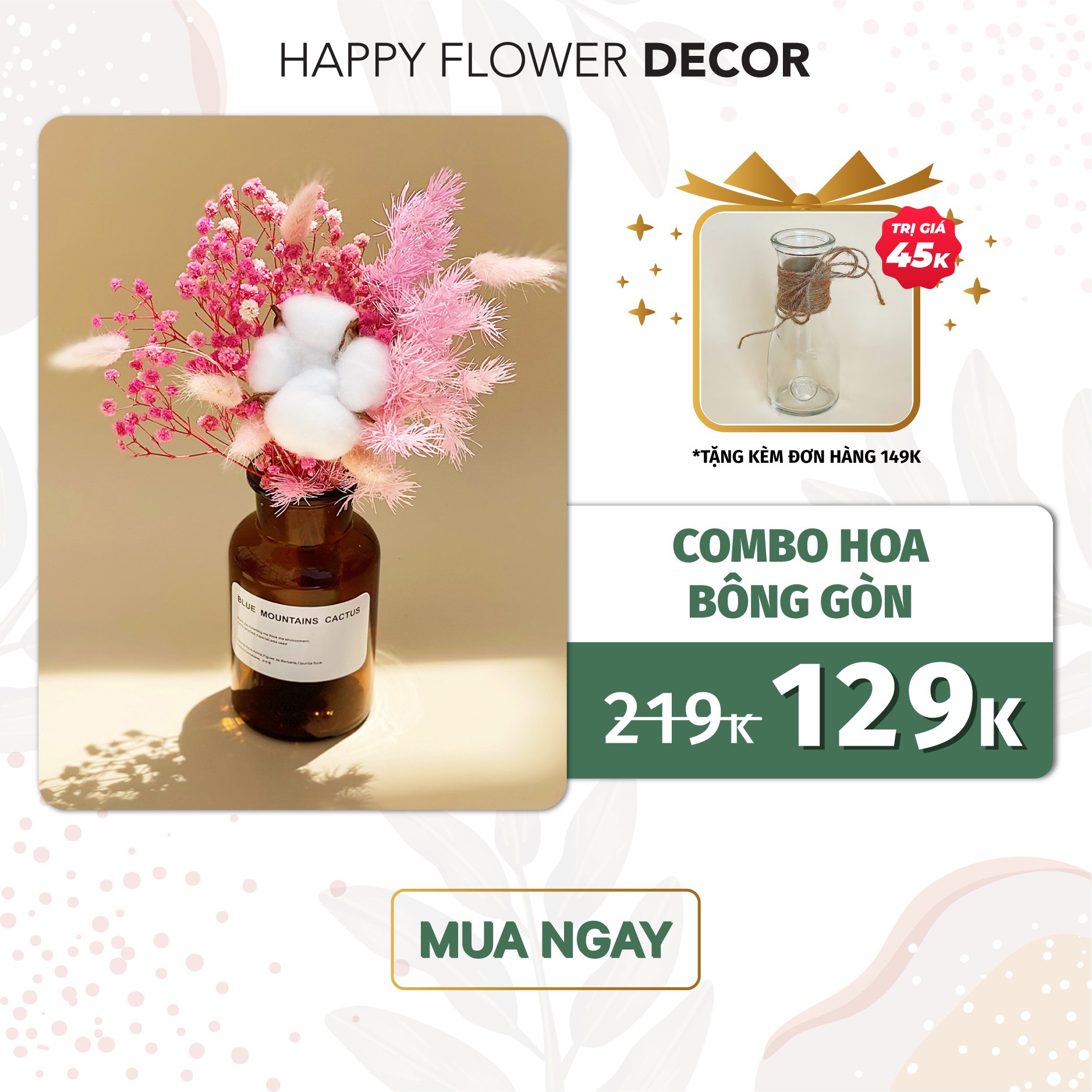 Hoa khô - combo hoa bông gòn trang trí phòng ngủ, phòng khách bàn làm việc vintage