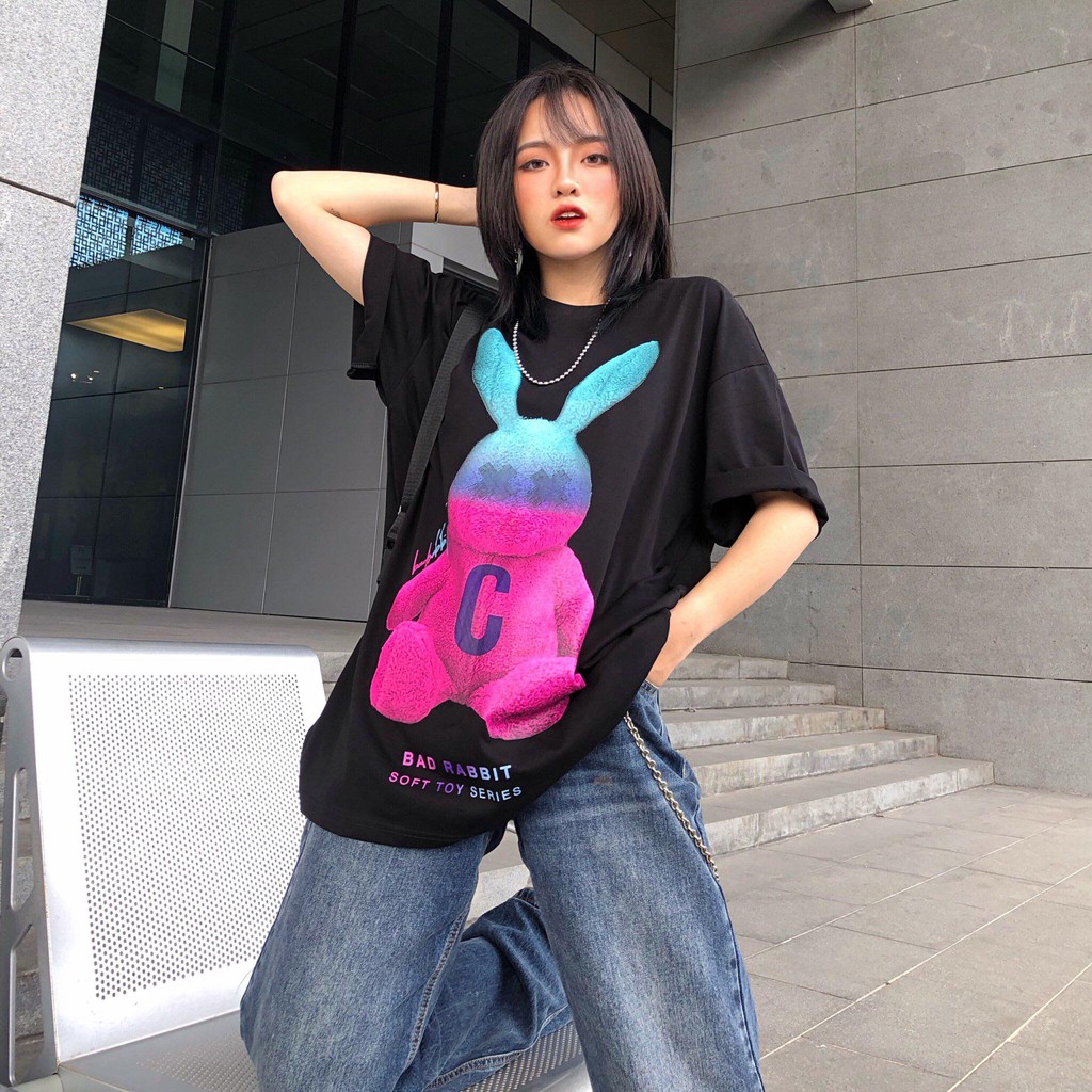 Áo thun tay lỡ unisex thỏ xanh hồng bunny store, áo phông nam nữ form rộng