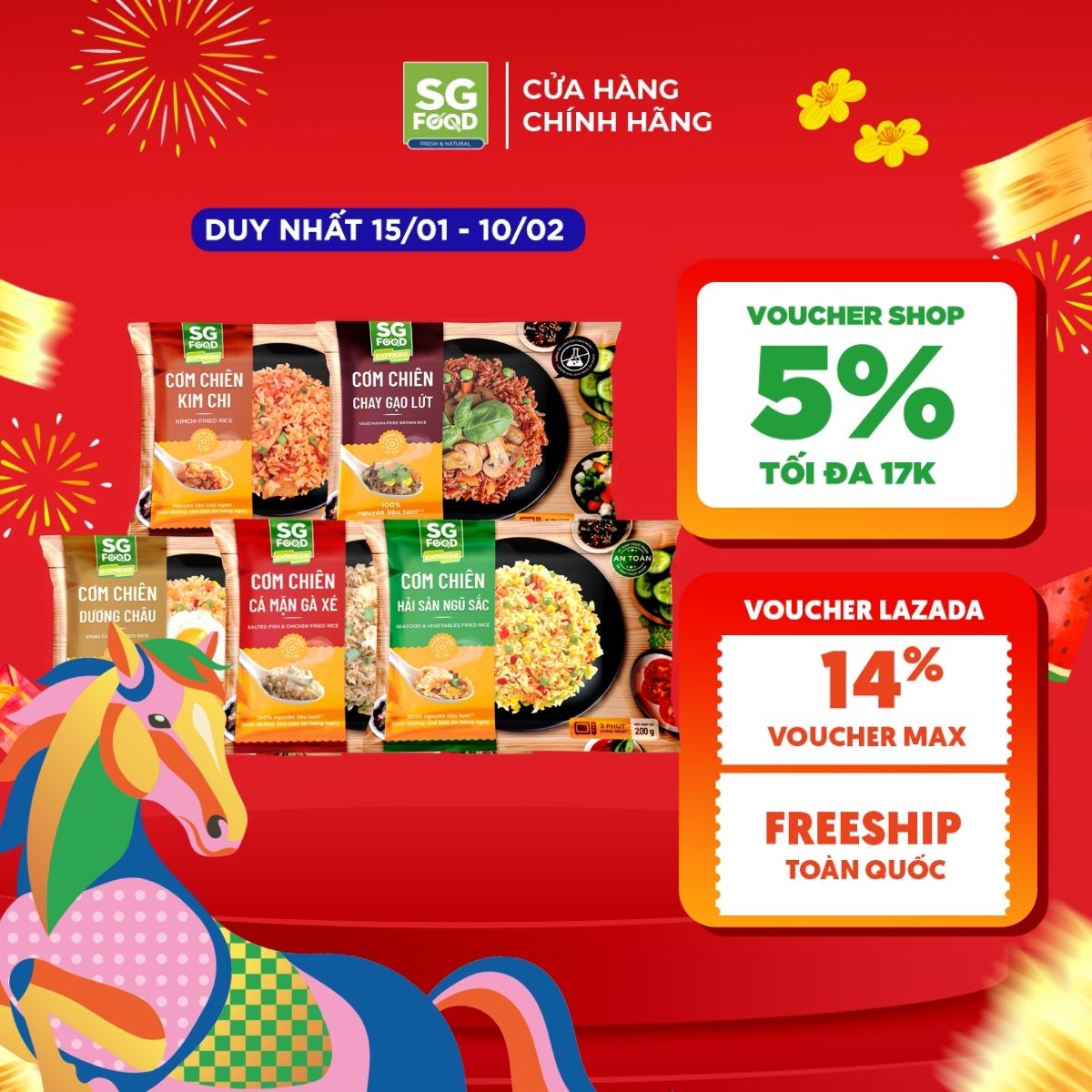 Combo of 5 Packs of Sg Food Flavored Fried Rice 200g (Duong Chau, Seafood, Salted Fish with Shredded Chicken, Kim Chi, Vegetarian Brown Rice) Giá 129,000 Đồng*Miễn phí vận chuyển