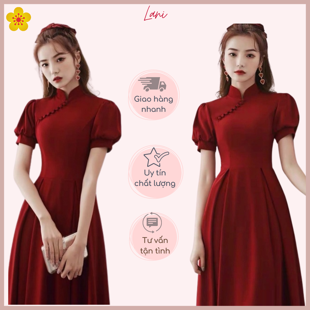Đầm váy đỏ TẾT đi tiệc sang chảnh cổ áo dài chất vải đẹp