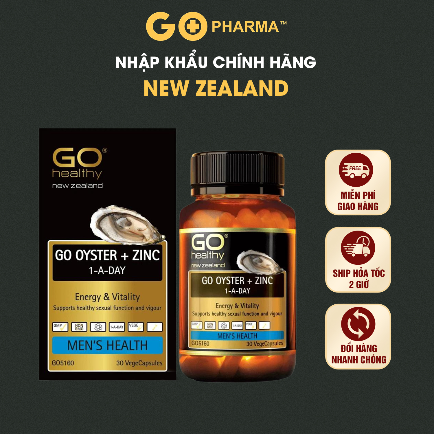 Tinh chất hàu GO Oyster + Zinc tăng cường sinh lý nam, cải thiện xuất tinh sớm và chất lượng tinh trùng, hộp 30 và 60 viên