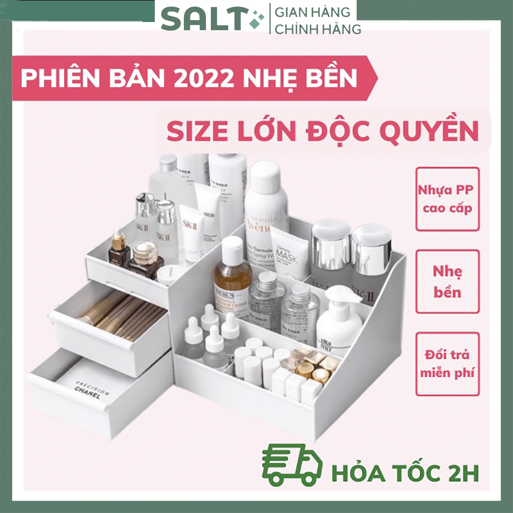 Kệ Đựng Mỹ Phẩm Nâng Cấp Kích Thước, Khay Mĩ Phẩm Cao Cấp Có Ngăn Kéo, Hộp Đựng Đồ Trang Điểm 3 Tầng 2 Ngăn Loại To Để Bàn