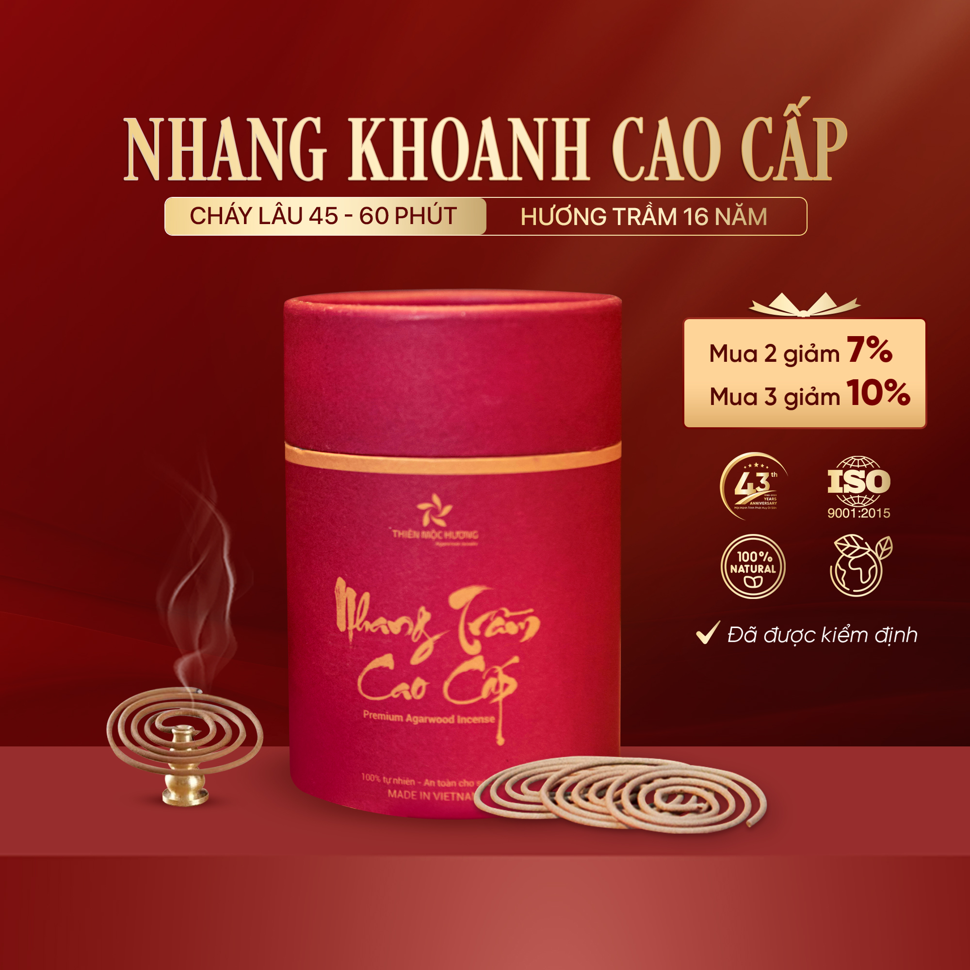 Nhang khoanh trầm hương cao cấp Thiên Mộc Hương loại 16 năm, thơm dịu nhẹ, không hóa chất