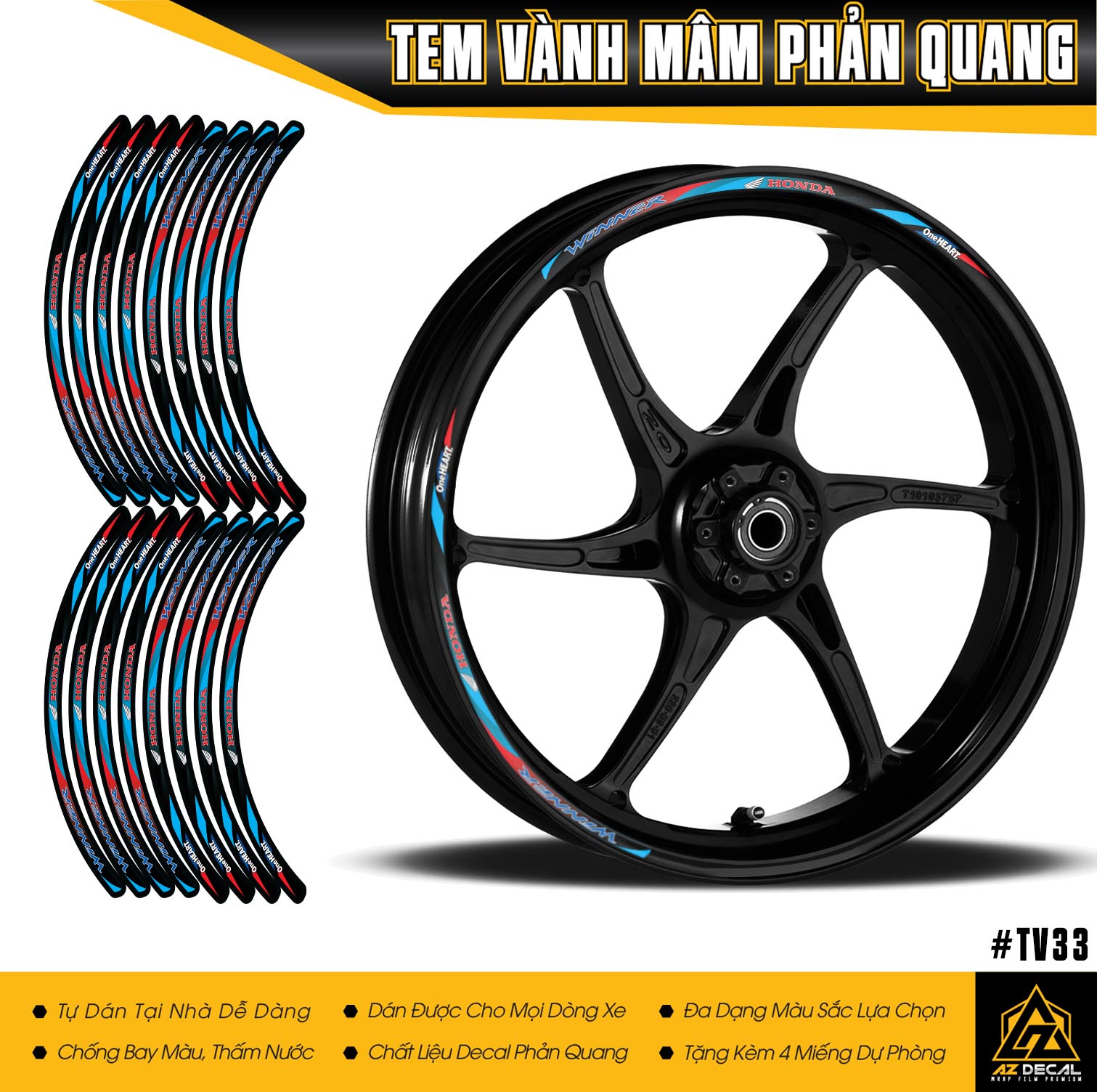 Tem Vành Phản Quang Cho Xe Winner | TV33 | Decal Dán Mâm Xe Chất Liệu Chống Thấm Nước, Chống Bay Màu | Azdecal
