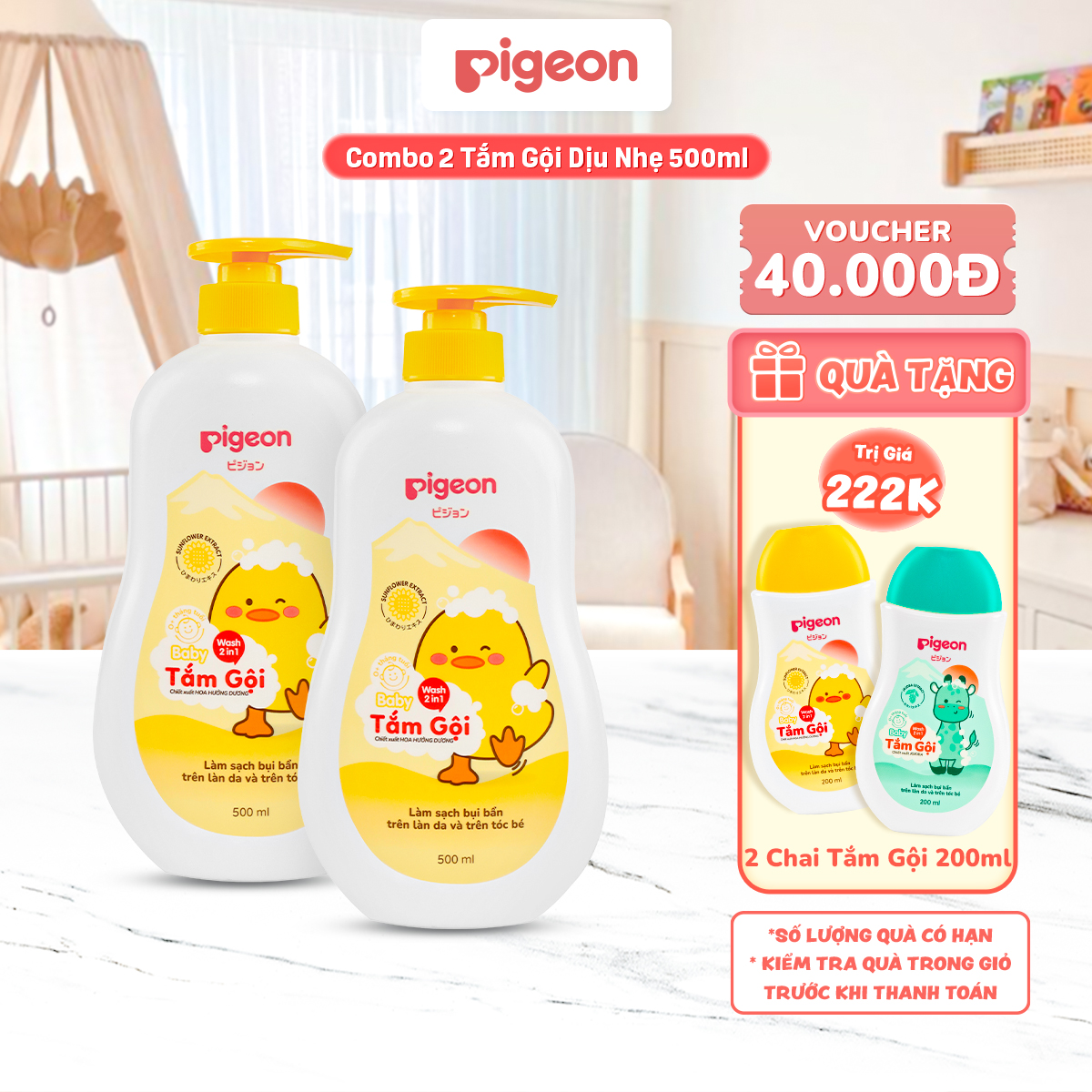 [TẶNG 2 CHAI 200ML] Combo 2 Sữa Tắm Gội Dưỡng Ẩm Cho Bé Pigeon 500ml Dịu Nhẹ Mềm Mại An Toàn Cho Da