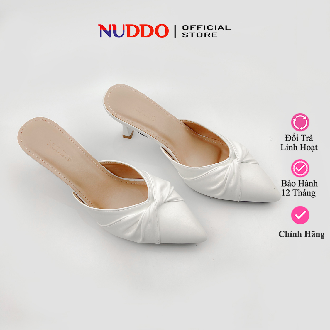Dép guốc nữ cao gót mũi nhọn phối nơ 7cm, giày sục nữ 7 phân gót nhọn thời trang nuddo_ ns12