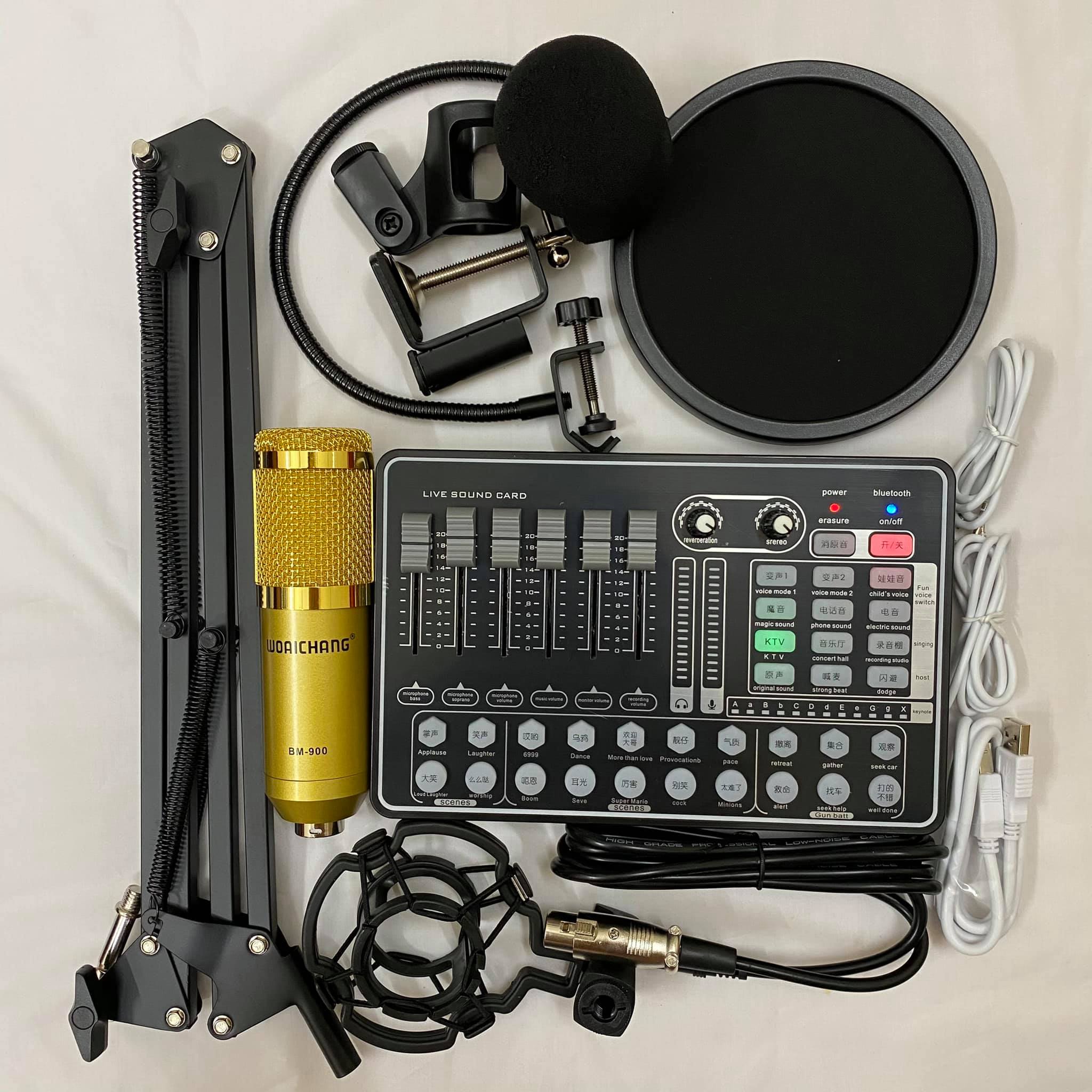 TRỌN BỘ COMBO Sound card aH9 Bluetooth Auto Tune, Mic Livestream Thu Âm Woaichang BM900,chân kẹp,màng lọc,có Hiệu ứng âm thanh khán giả, tương thích với nhiều thiết bị âm thanh