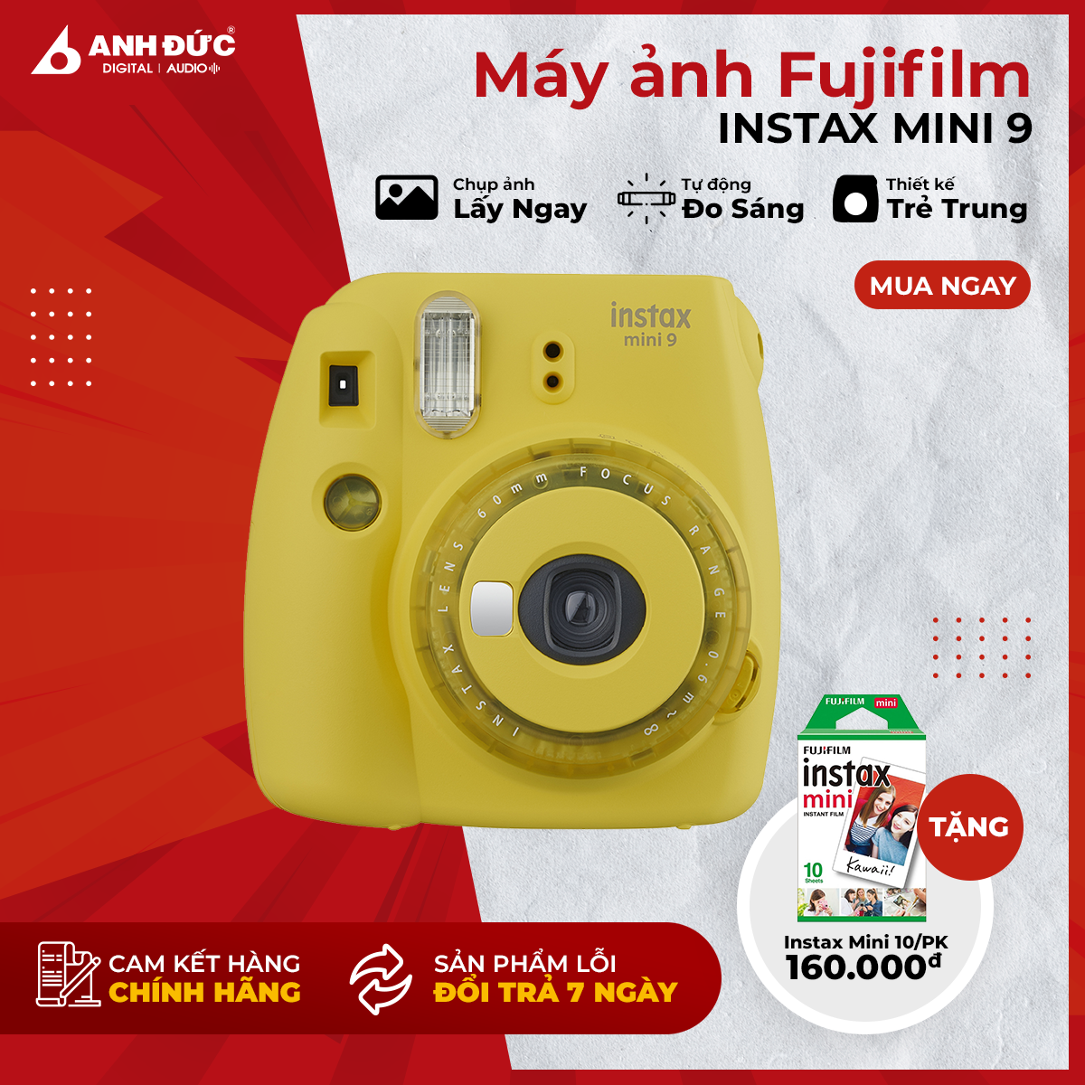 Máy Ảnh Fujifilm Instax Mini 9 - Máy ảnh Selfie Lấy Liền Chính Hãng Bảo Hành 12 Tháng (Còn Màu Purple) - Tặng Kèm 10 Phim Mini