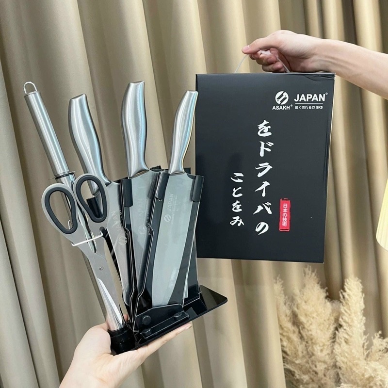 Bộ dao nhật nhà bếp cao cấp 6 món kèm giá đựng - bộ dao nhà ăn 6 món inox cao cấp