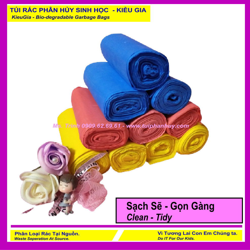 Set 10 kí bao rác tự hủy sinh học - phân hủy sinh học - dạng cuộn - 3 size - màu 3 màu - kiều gia / set 10 kilograms of bio-degradable trash bags - in rolls - 3 sizes - mixed colors