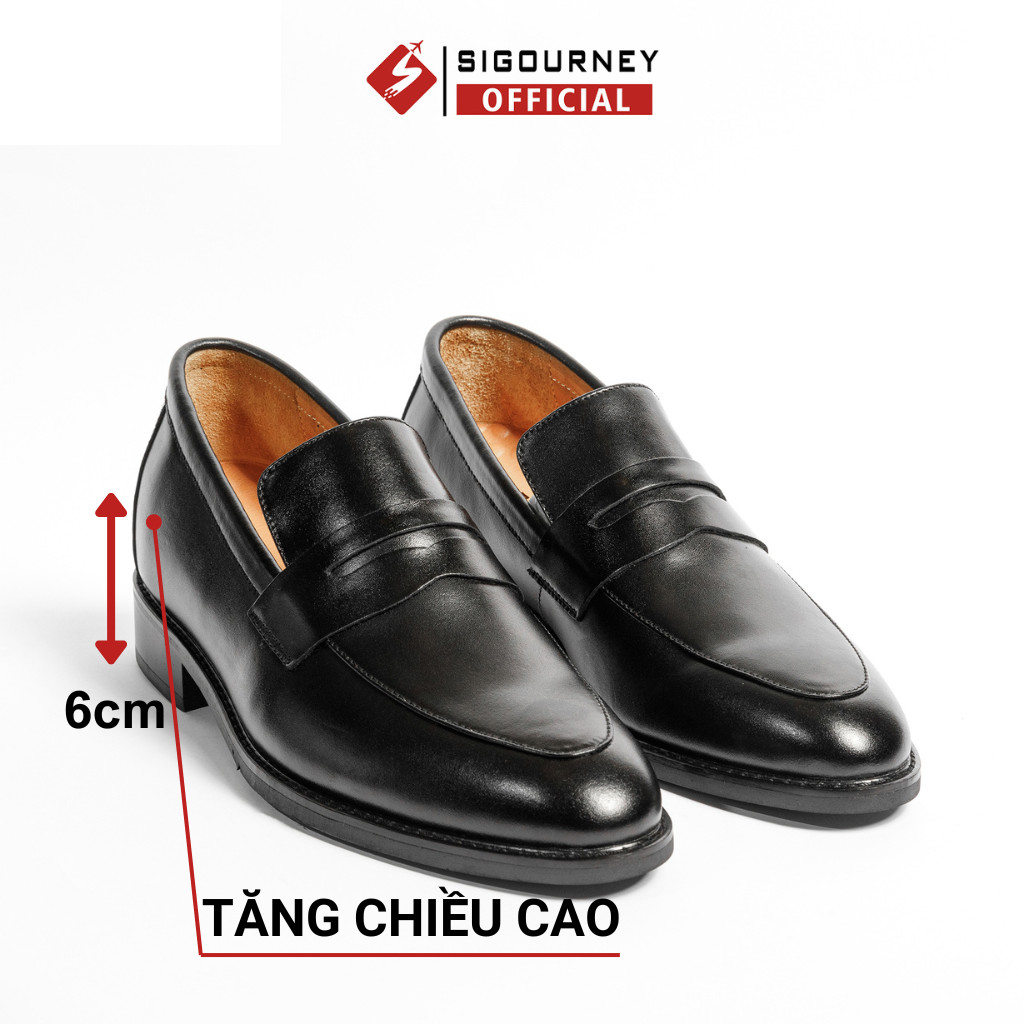 Giày Lười Nam Tăng Chiều Cao 6cm ĐẾ PHÍP Hoàn Toàn Bí Mật SIGOURNEY Da Bò Cao Cấp Màu Đen Trơn SCC09