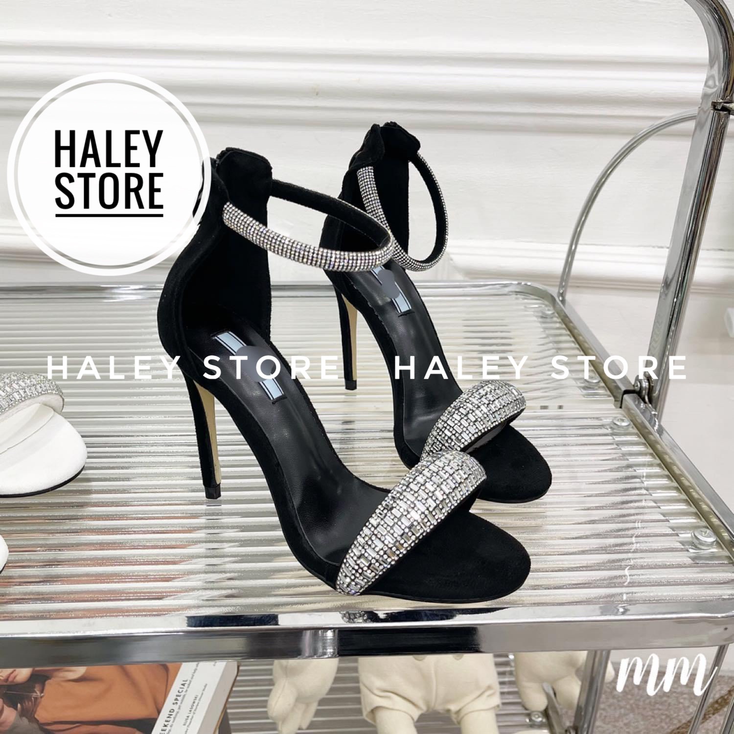 Giày sandal cao gót nữ 9cm HALEY STORE mũi tròn quai ngang đính đá thuyền lấp lánh tiểu thư công chúa cô dâu tiệc cưới