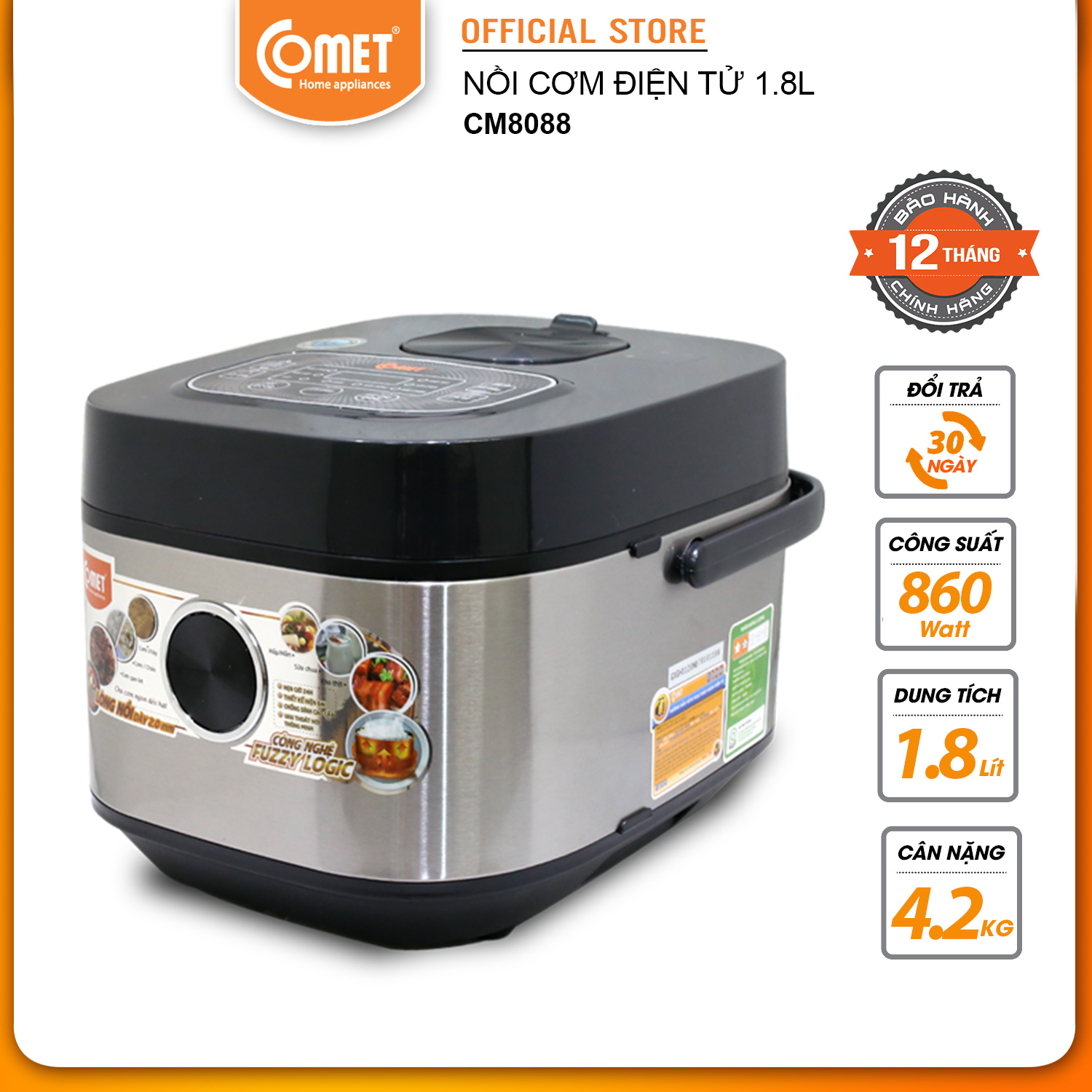 Nồi cơm điện tử đa năng 1.8l comet cm8088- nấu cơm, cháo, gạo lứt, kho thịt, làm sữa chua, hấp, hầm - bảo hành 12 tháng - hàng chính hãng
