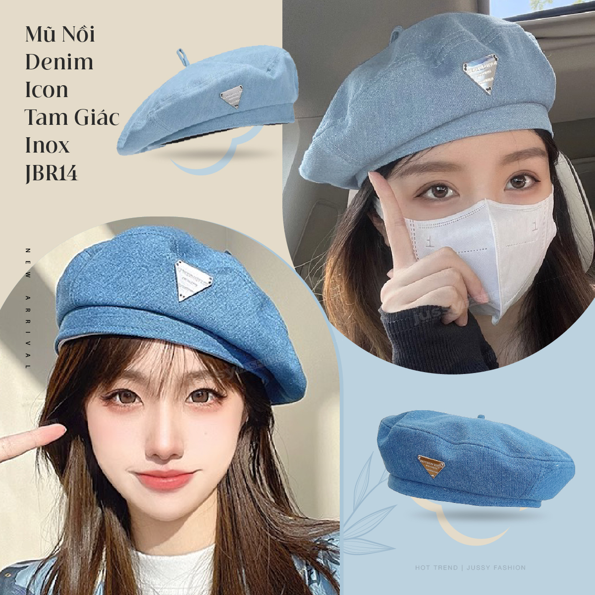 Mũ nồi jean denim icon inox jbr14 jussy oficial kiểu mũ beret nữ form mềm chất vải jean phong cách hàn quốc