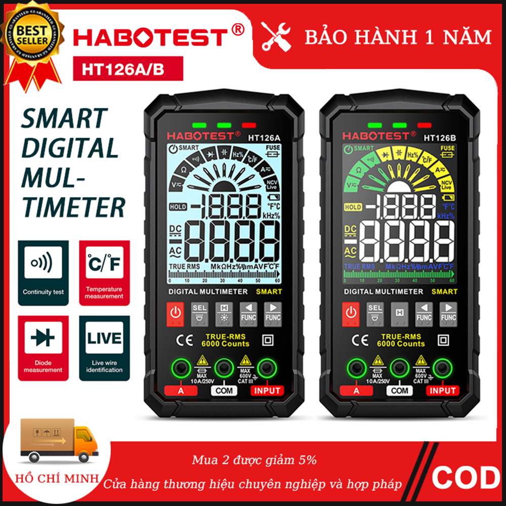 【Ship from Binh Duong HABOTEST HT126 Smart Digital Multimeter 6000 Counts True RMS Auto Color Screen Electrical Tester Voltmeter Ammeter Temperature Measuring Multifunction AC DC Voltage Current Capacitance Resistance Frequency Continuity Diode Testing