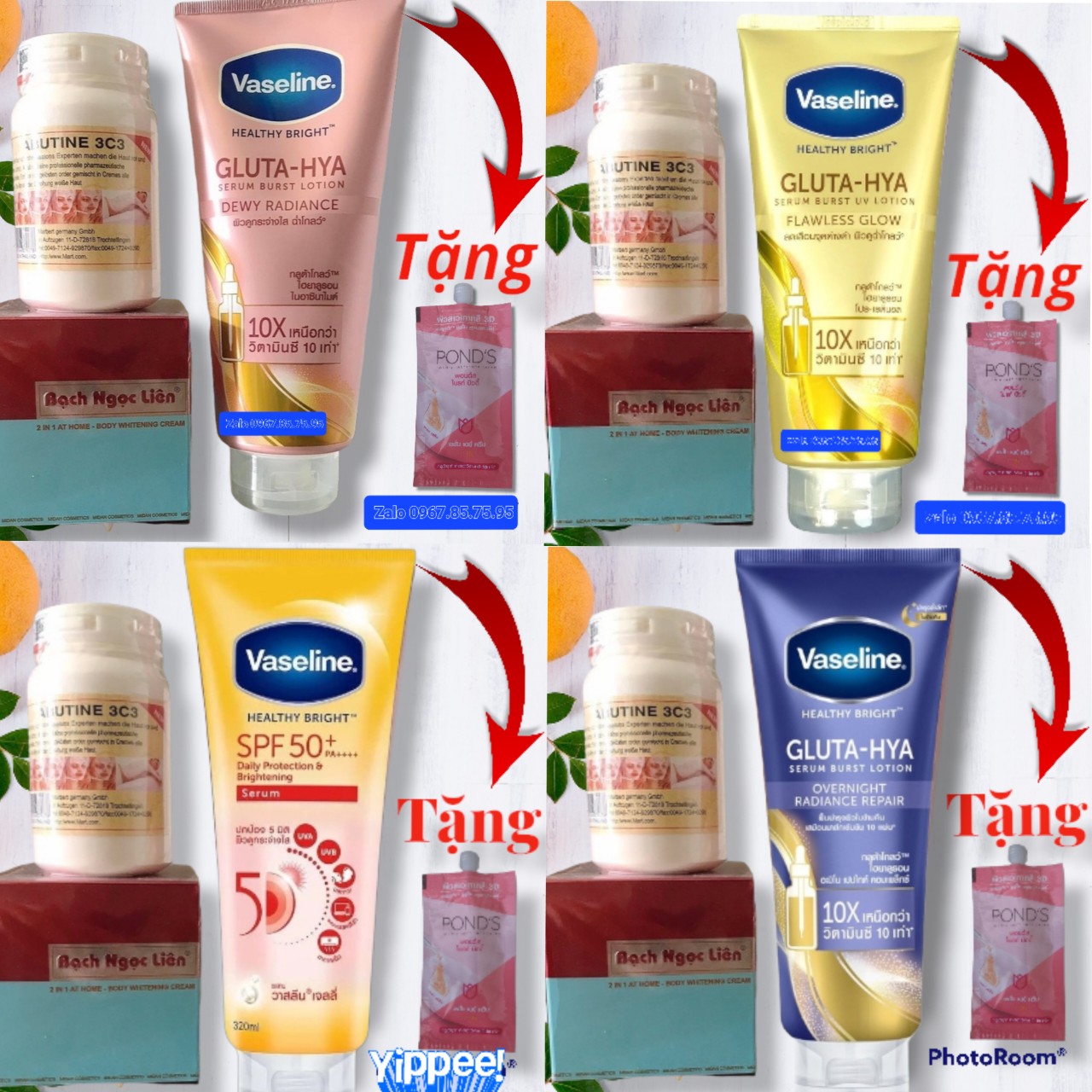 [Tặng Kem Pond's][SIÊU TRẮNG NHANH][Ngày Và Đêm] Combo Kem Body Bạch Ngọc Liên & Kích Trắng Abutine 3C3 250gr & Sữa Dưỡng thể Siêu Trắng Vaseline Gluta HYA 10X Thái Lan