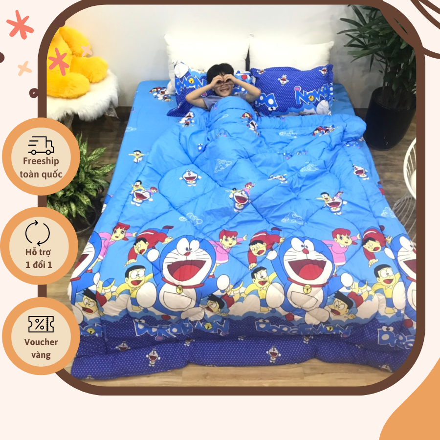 Bộ Chăn Ga Gối Cotton Poly Mẫu Nhóm Doraemon Họa Tiết Cực Đẹp, Chất Liệu Cotton Poly Siêu Mềm Mịn, Thấm Hút Mồ Hôi, Không Phai Màu, Có Thể Giặt Máy