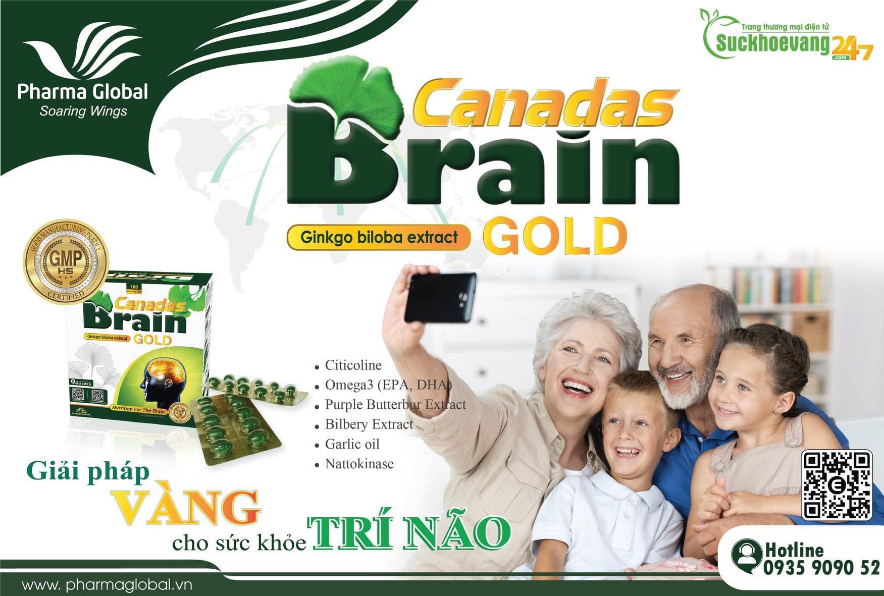 Viên uống hỗ trợ tăng cường tuần hoàn não Canadas Brain Gold hộp 100v